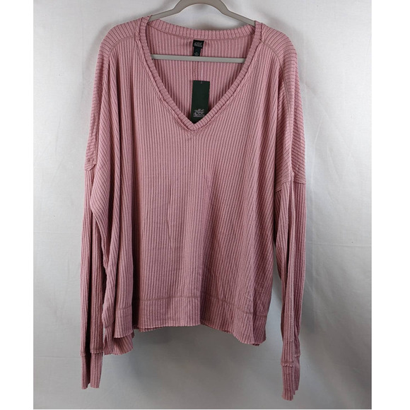 Wild Fable Rib Tunic XXL Oversize Long Sleeve Mauve Pink V‎ Neck Boxy Side Slit - Picture 1 of 9